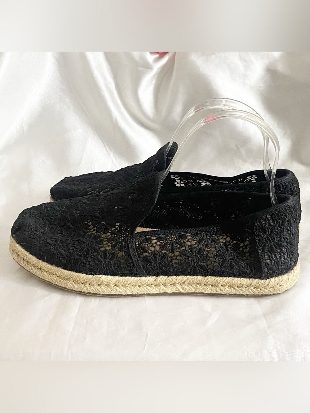Toms Black Lace Espadrille Flats Slip-On Shoes 8.5